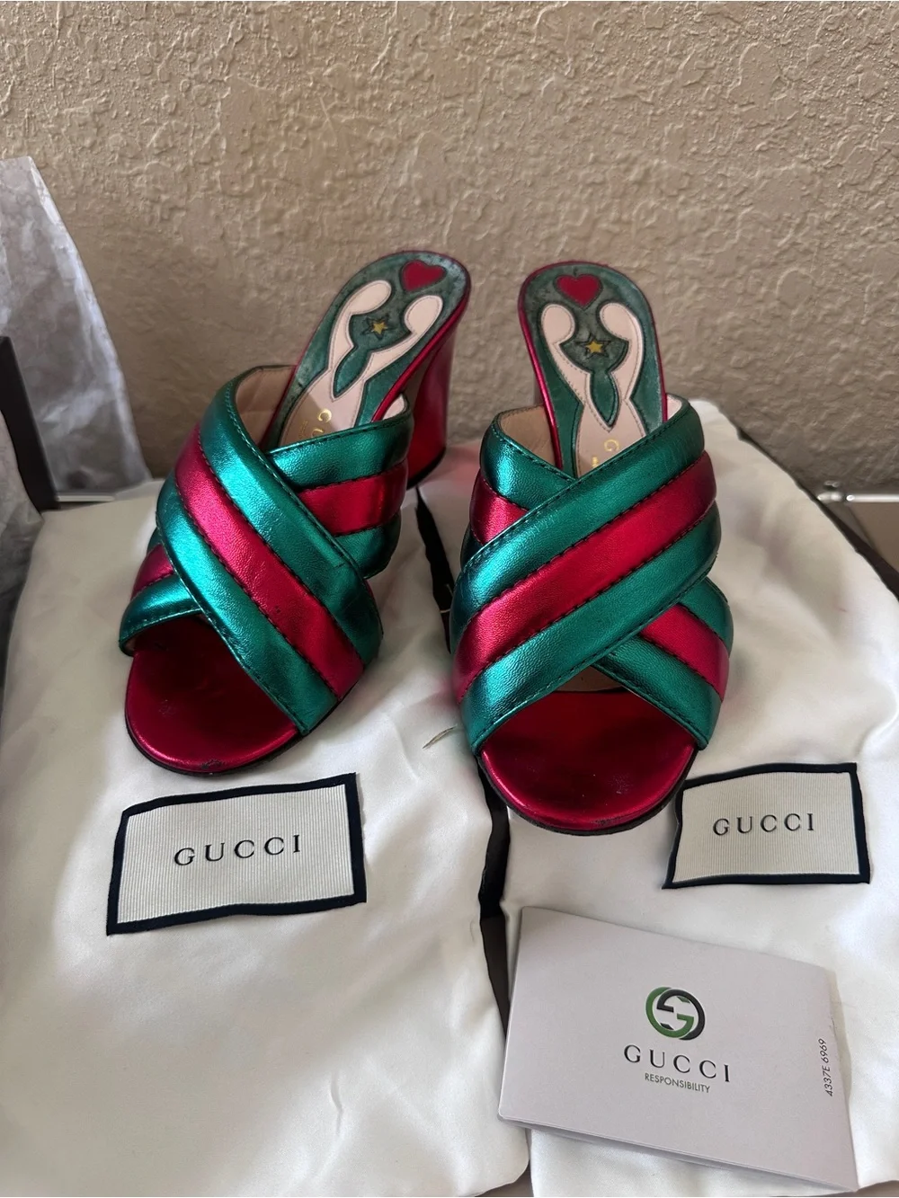 Gucci Metallic Teal and Fuchsia Crisscross Slide Mules - Picture 1 of 16